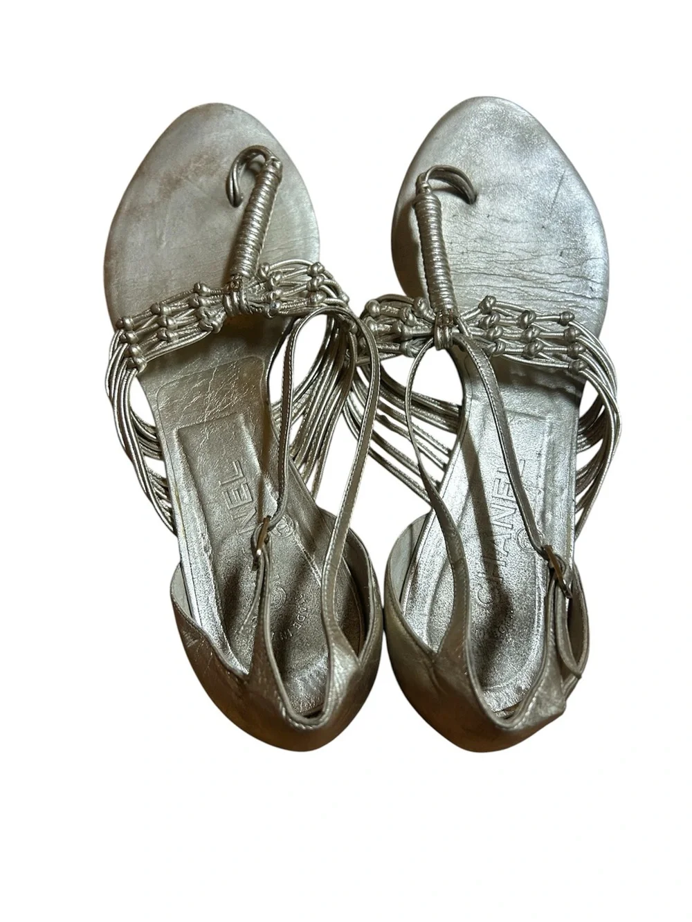 CHANEL Auth Leather Gold Strappy Sandals Shoes Cc Logo 39